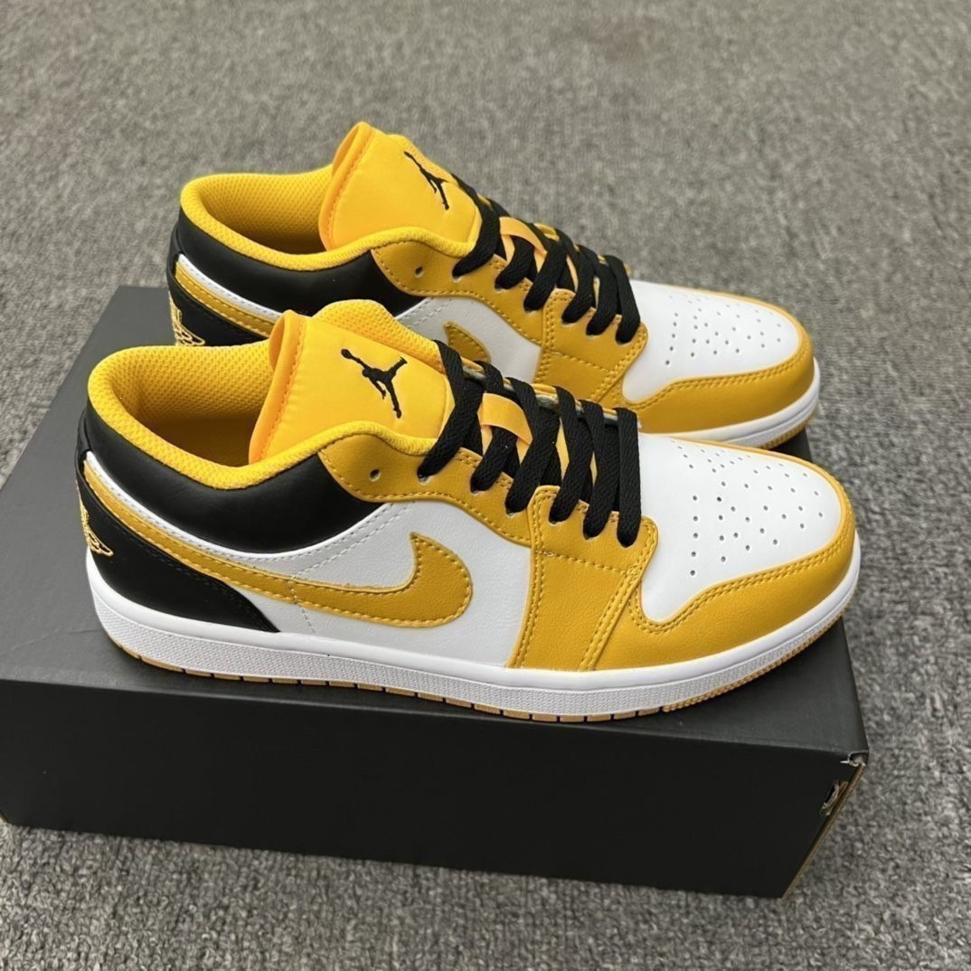 Chunyuan AJ1 Meituan negro, blanco y amarillo campus de moda baja pareja de hombres y mujeres zapatos de skate casuales