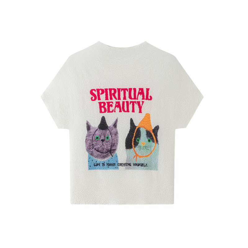 Issey Miyake's Super Stylish and Unique Pleated Top with Niche Design and Cat Pattern Short-Sleeve T-Shirt for Women