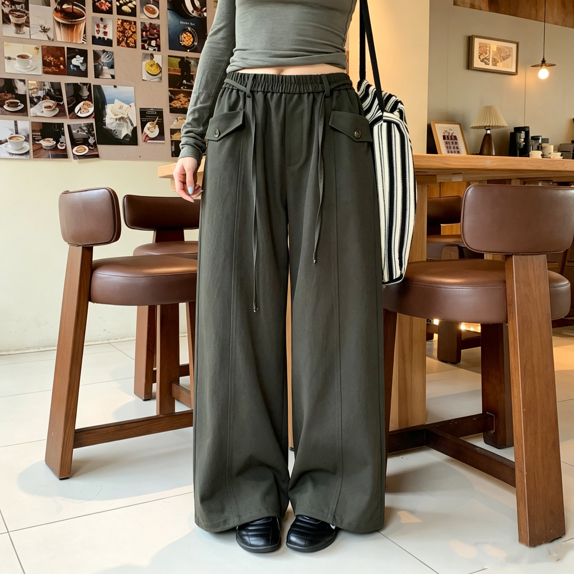 美式复古抽绳军绿色工装裤男女秋季新款宽松百搭拖地休闲阔腿裤子