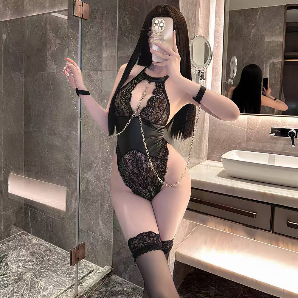 Lace Hollow-Out Bodysuit with Metal Chain Halter Neck, Black Polyester Lingerie Set — detail image 7