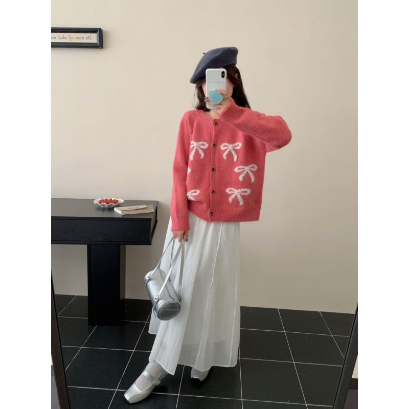 2025秋冬新款蝴蝶结设计感针织开衫圆领慵懒风宽松毛衣外套女装潮|undefined