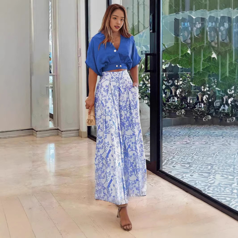 2025 Cross-Border Summer European and American Style Set Amazon Shirt Top V-Neck Fashion Printed Wide-Leg Pants Fashion Set 2025 Cross-Border Summer European and American Style Set Amazon Shirt Top V-Neck Fashion Printed Wide-Leg Pants Fashion Set