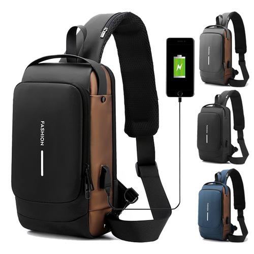 Leather Chest Bag Men's Chest Bag USB Charging Backpack Water-Repellent Backpack Shoulder Bag Commuting Crossbody Chest Bag