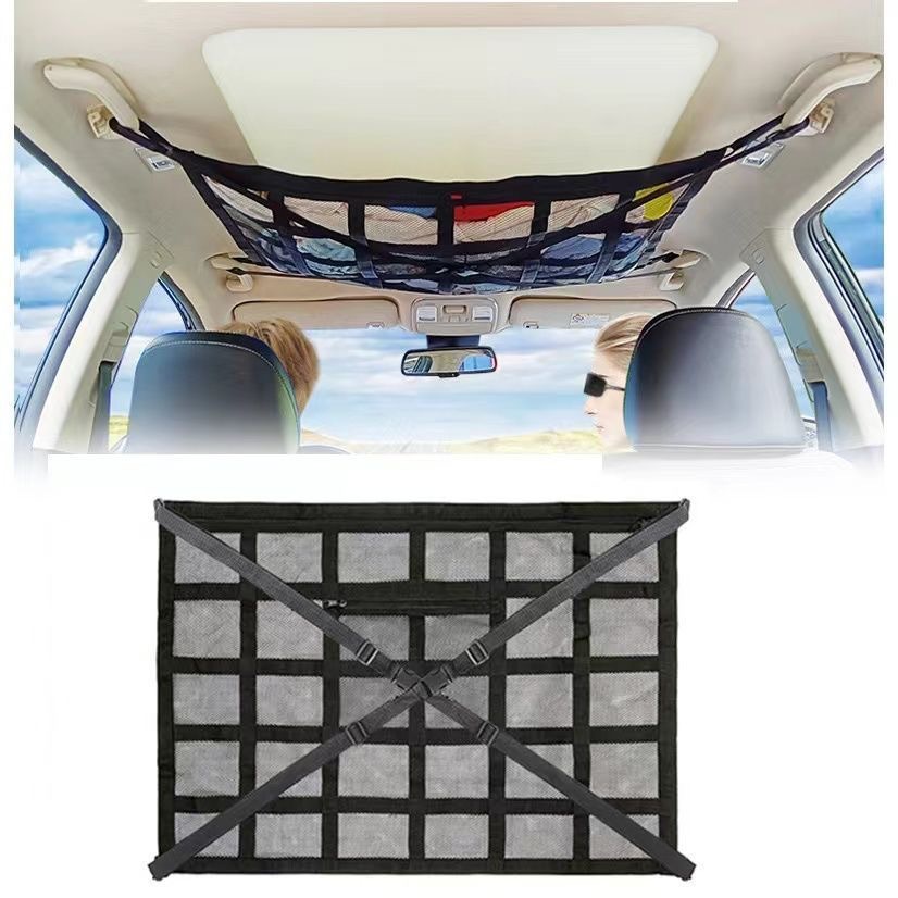 Red de almacenamiento para techo de coche con cremallera de doble capa, accesorios para coche, bolsa de red para equipaje de techo, bolsa de almacenamiento colgante para techo de coche. image 5