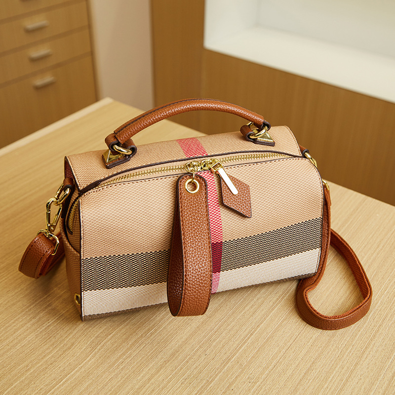 Bag 2025 New Model Plaid Texture Canvas Cross-Border Style Genuine Leather Women's Bag Crossbody Handbag Pillow Bag Trendy