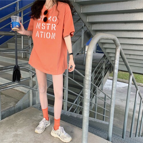 Summer 2025 Korean Version Stylish Loose Medium-Length Top BF Friend Dress Women's Letter Short-Sleeve T-Shirt Ins Trend