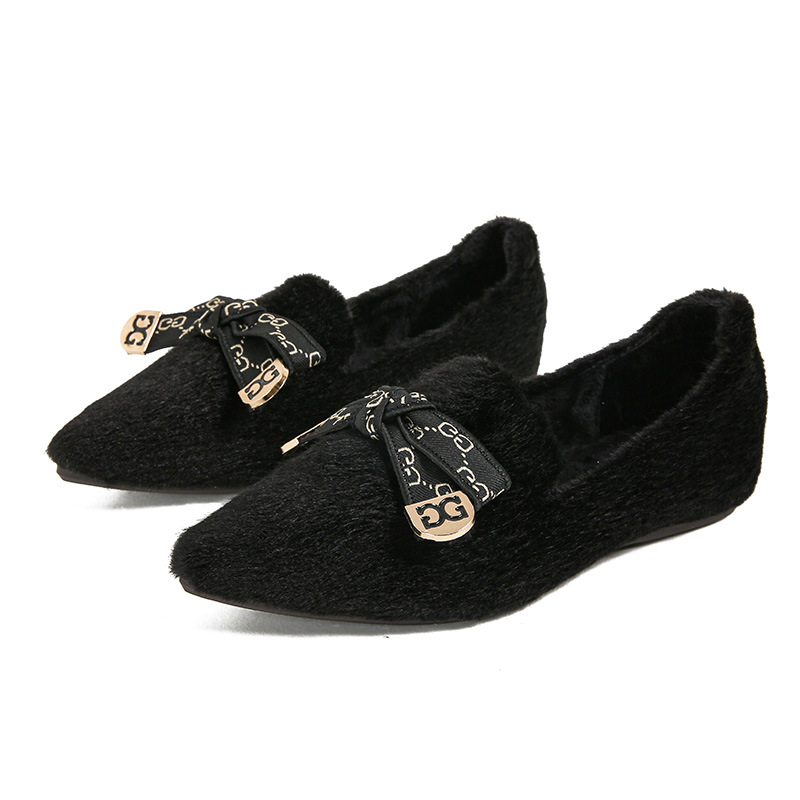 Flat bottomed fur shoes for women's mink fur single shoes, 2024 new pointed cotton ladles, oversized women's shoes 41-43