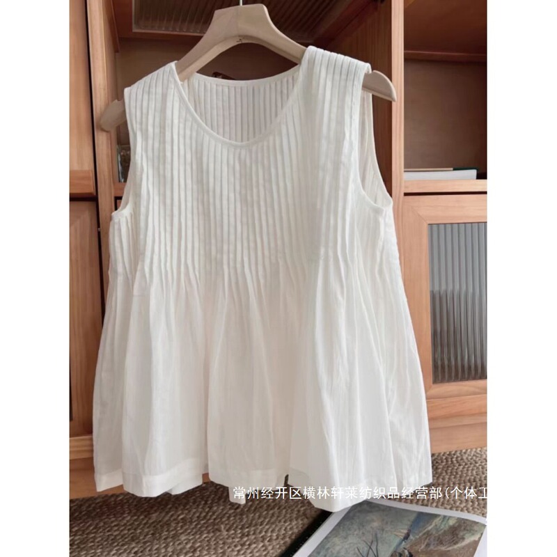 White Linen Sleeveless Shirt Vest for Women, Summer Forest Style Niche Design, Pleated Round Neck Cotton-Linen Tank Top