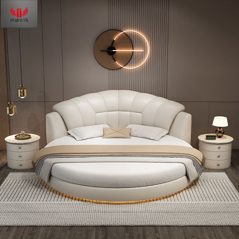 Cama redonda cama de cuero cama doble cama redonda cama de boda moderna y minimalista tema hotel residencial lámpara de inducción