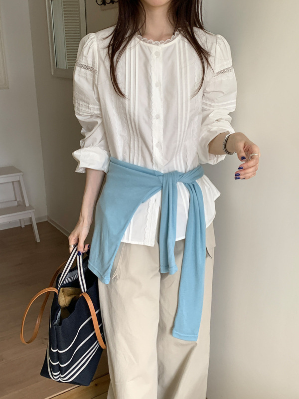 法式蕾丝拼接设计圆领长袖衬衫女秋季新款韩系宽松显瘦气质上衣|undefined