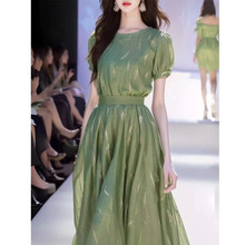夏装法式端庄大气梨形身材遮肚子显瘦气质绝美绿色收腰连衣裙子女