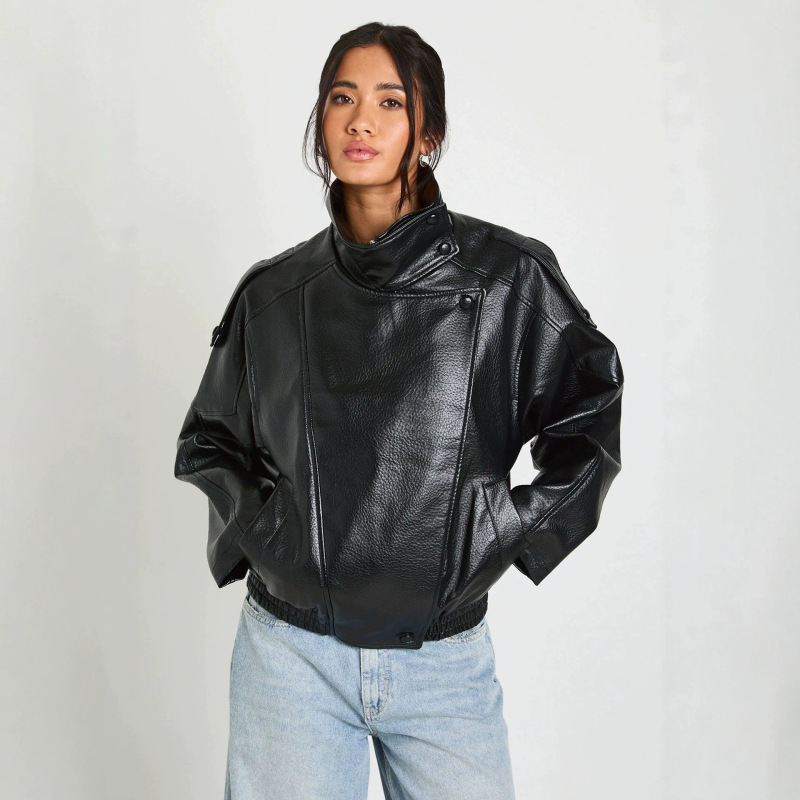 European and American Style Stand-Up Collar Pu Leather Jacket for Women, Loose Casual Street Style, Versatile and Textured, Biker Style Short Jacket European and American Style Stand-Up Collar Pu Leather Jacket for Women, Loose Casual Street Style, Versatile and Textured, Biker Style Short Jacket