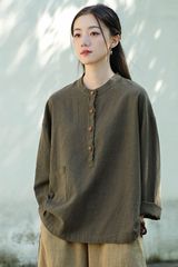 新中式棉麻上衣女年春秋新款禅意女装原创国风立领套头衬衫