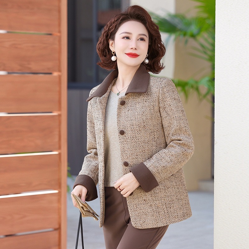 2025年新作中年ママ春服小香風ジャケットショート中高年女性春秋スタイルラペルトップス|undefined