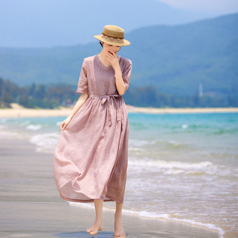 Cotton and Linen Women's Classic Ramie Dress Women's Improved Cheongsam Summer Short-Sleeved Literary Retro Long Skirt