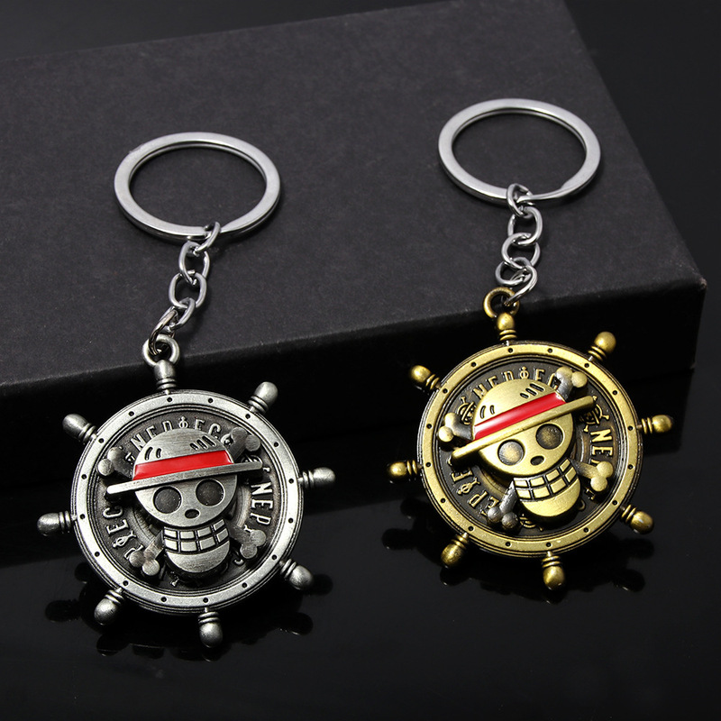 Animation Surrounding One Piece Rotary Keychain Luffy Straw Hat Group Logo Metal Pendant Rotatable Skull