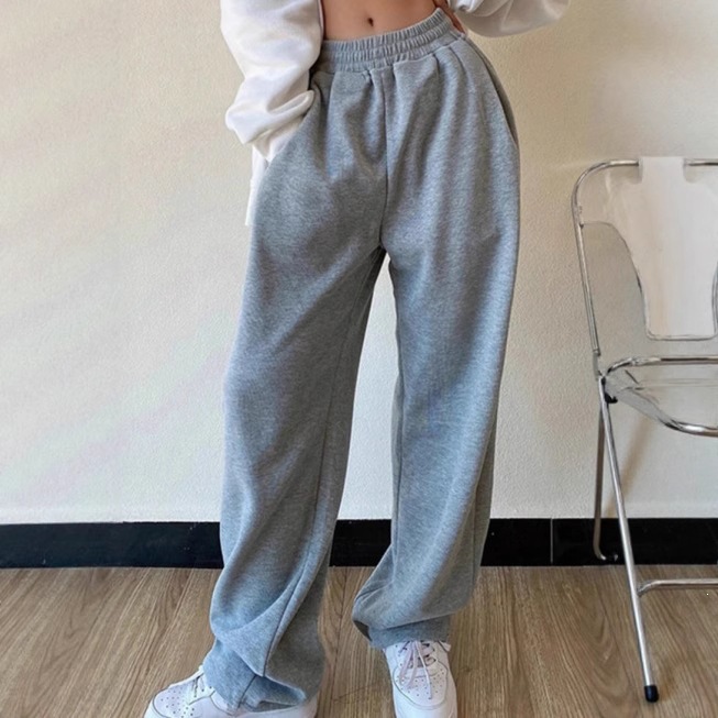 跨境亚马逊wish独立站外贸欧美女士时尚宽松休闲纯色高腰运动卫裤