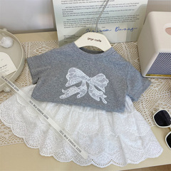 韓版童裝2024新款夏季女童蝴蝶結短袖T恤女寶寶蕾絲裙褲兩件套潮