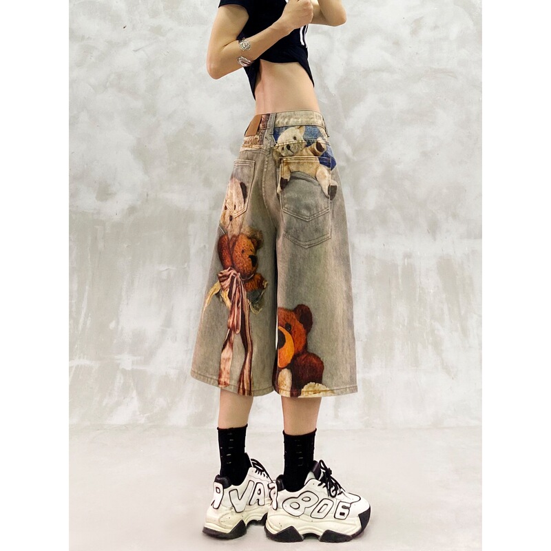 Cartoon Digital Print Casual Thin Denim Shorts for Women, New Summer Style, Loose Fit, Slimming, Versatile Straight Wide-Leg Pants