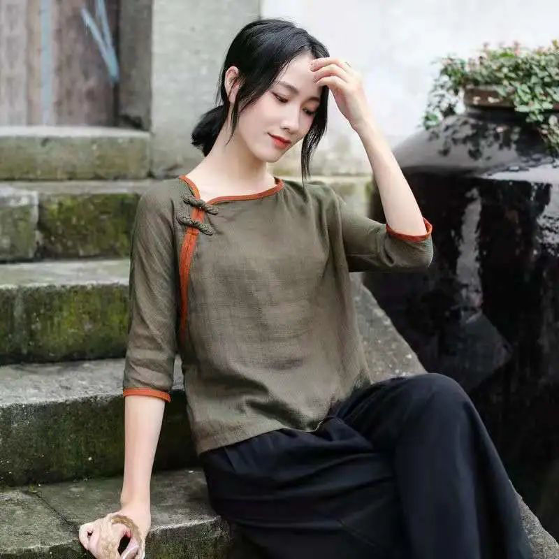 纯棉2021夏装上衣仿棉麻唐装中国风女装茶服茶艺师服装民国小衫潮