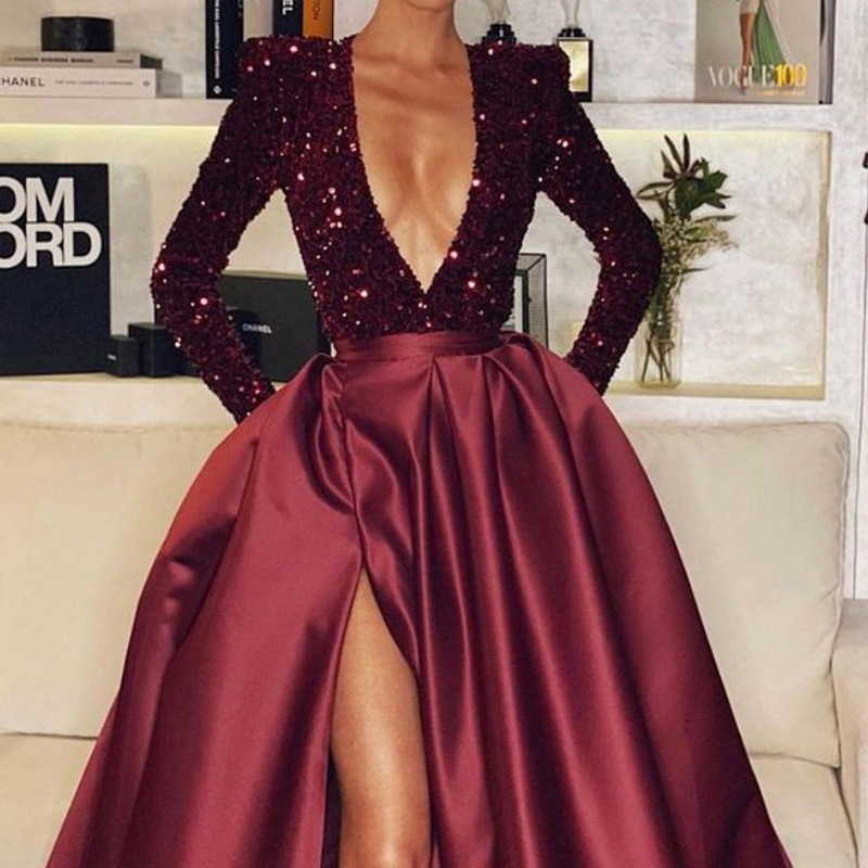Comercio exterior europeo y americano Amazon AliExpress deseo de las Mujeres Nuevo sexy profundo escote en V vestido de lentejuelas vestido de noche de manga larga