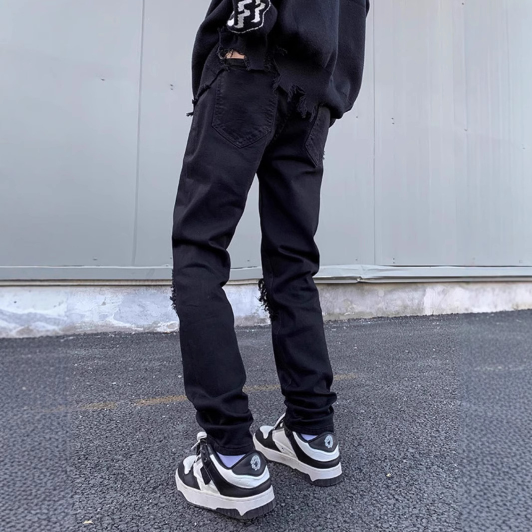 2025 Spring And Autumn Versatile Fashion Black Distressed Design Jeans Washed Wear-resistant Youth Long Pants Men's Cool_mkmklike.com