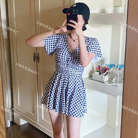 日系少女纯欲风格子裙式泳衣女露背遮肚大码保守格子温泉游泳装