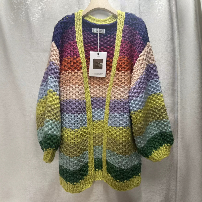 Amazon Cross-Border Autumn and Winter New European and American Style Pure Handmade Rainbow Striped Color-Blocking Sweater Jacket for Women