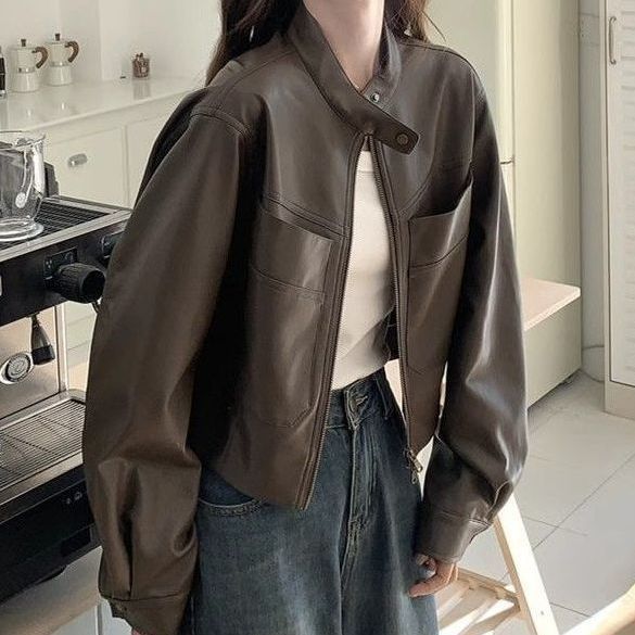 皮韩版衣美拉德多巴胺显瘦外套春秋新款夹克复古百搭女款PU皮夹克|undefined