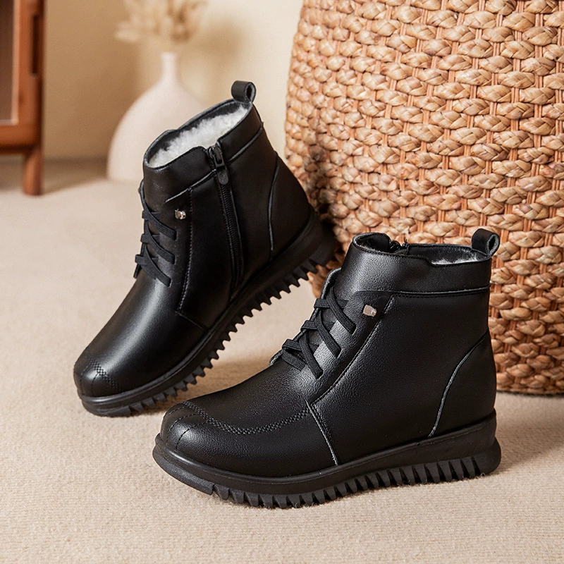 Зимние кожаные сапоги для пожилых женщин, на флисовой подкладке, теплые, с мягкой подошвой, нескользящие, из натуральной кожи.