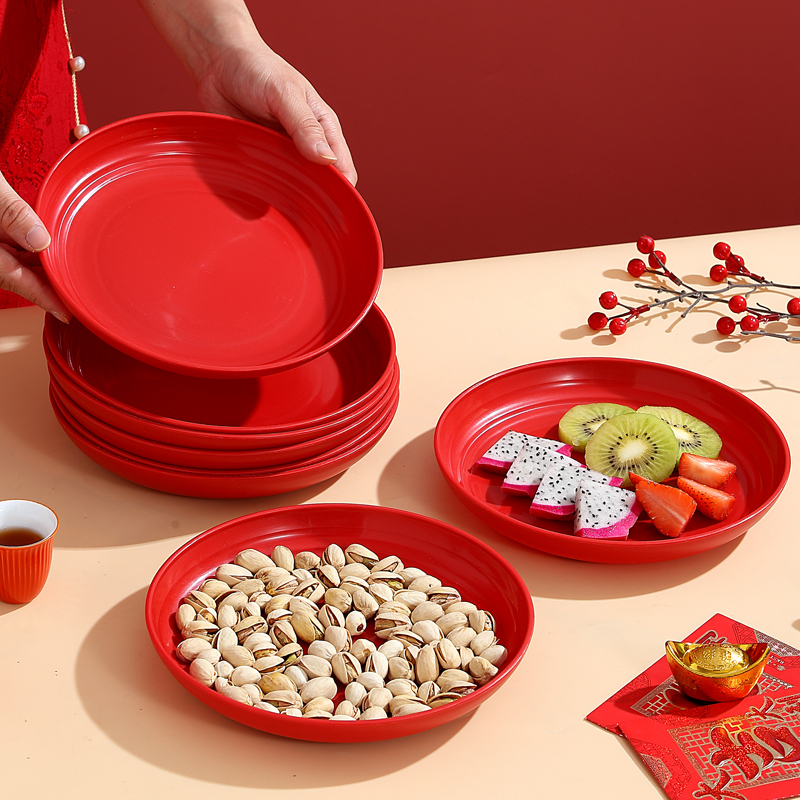 Thickened Red Disposable Rice Husk Plate Food Grade High Temperature Resistant Wedding Dish Plate Housewarming Home New Year Candy Plate