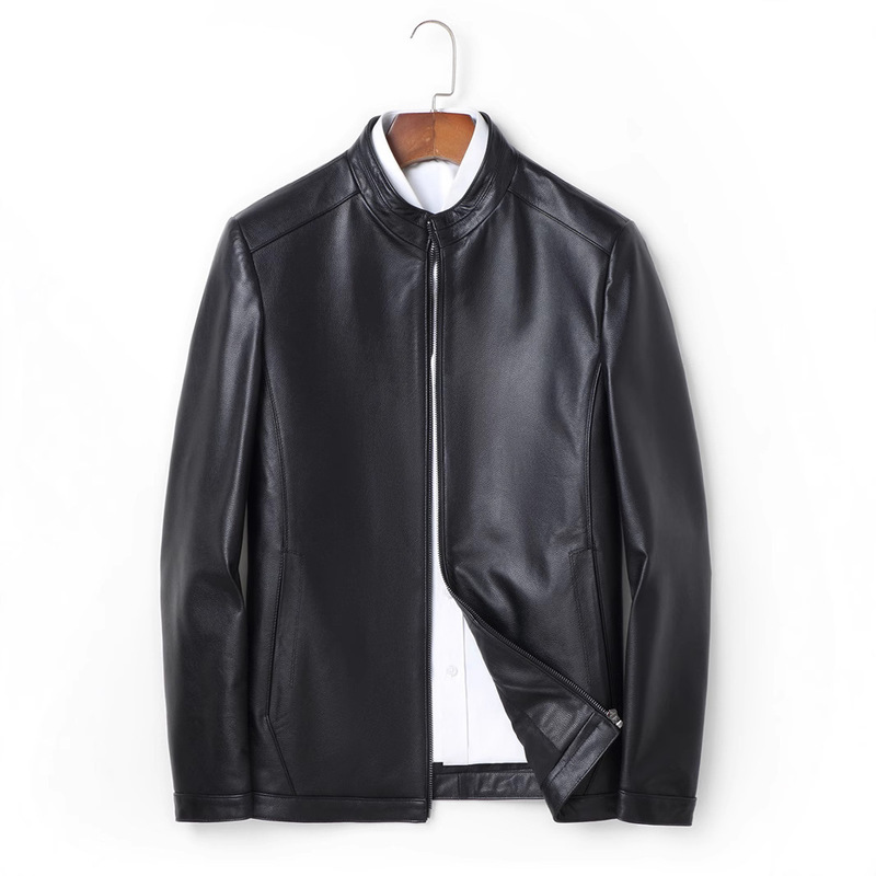 Spring and Autumn Haining Sheepskin Genuine Leather Jacket Men's Stand Collar Cowhide Jacket Motorcycle Jacket Business Casual Men's Black