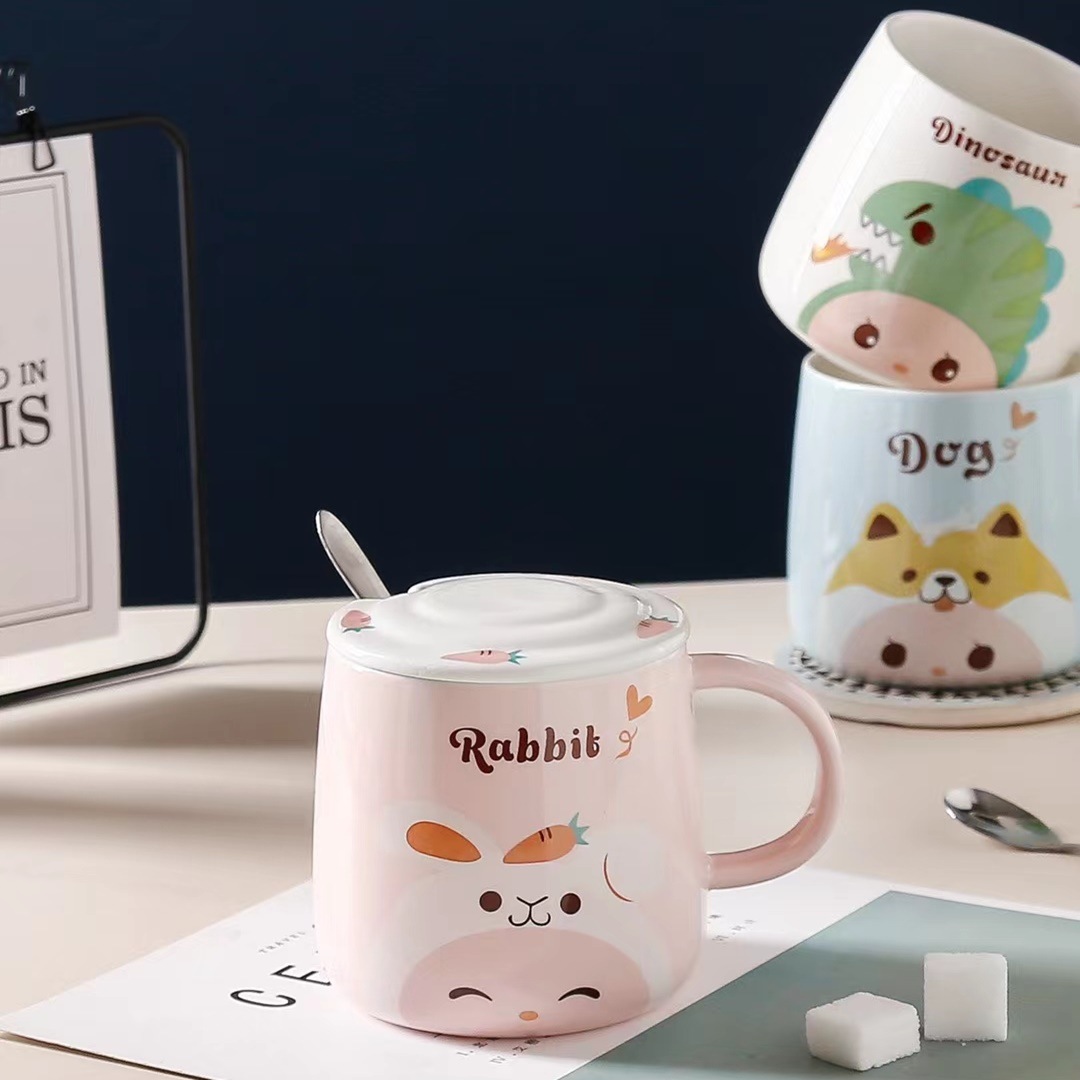 Creativo de dibujos animados animal expresión regalo personalizado taza con tapa cuchara taza de café cerámica Oficina taza de beber
