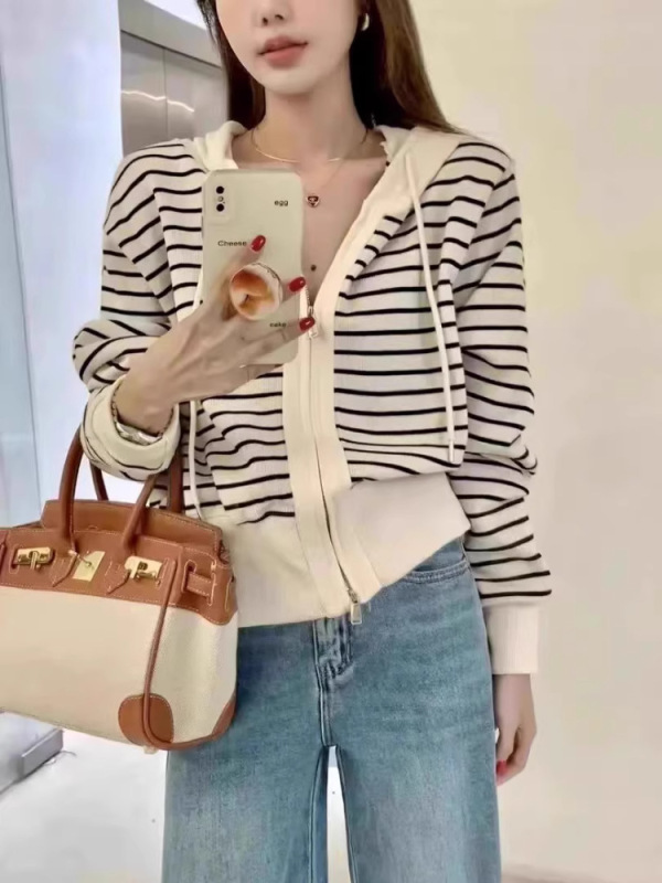 爆款连帽针织开衫女年秋季条纹短款黑白撞色卫衣内搭上衣外套|undefined