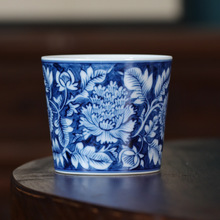记石柴窑 手绘青花蓝地西蕃莲直筒杯主人杯单茶杯景德镇功夫茶具