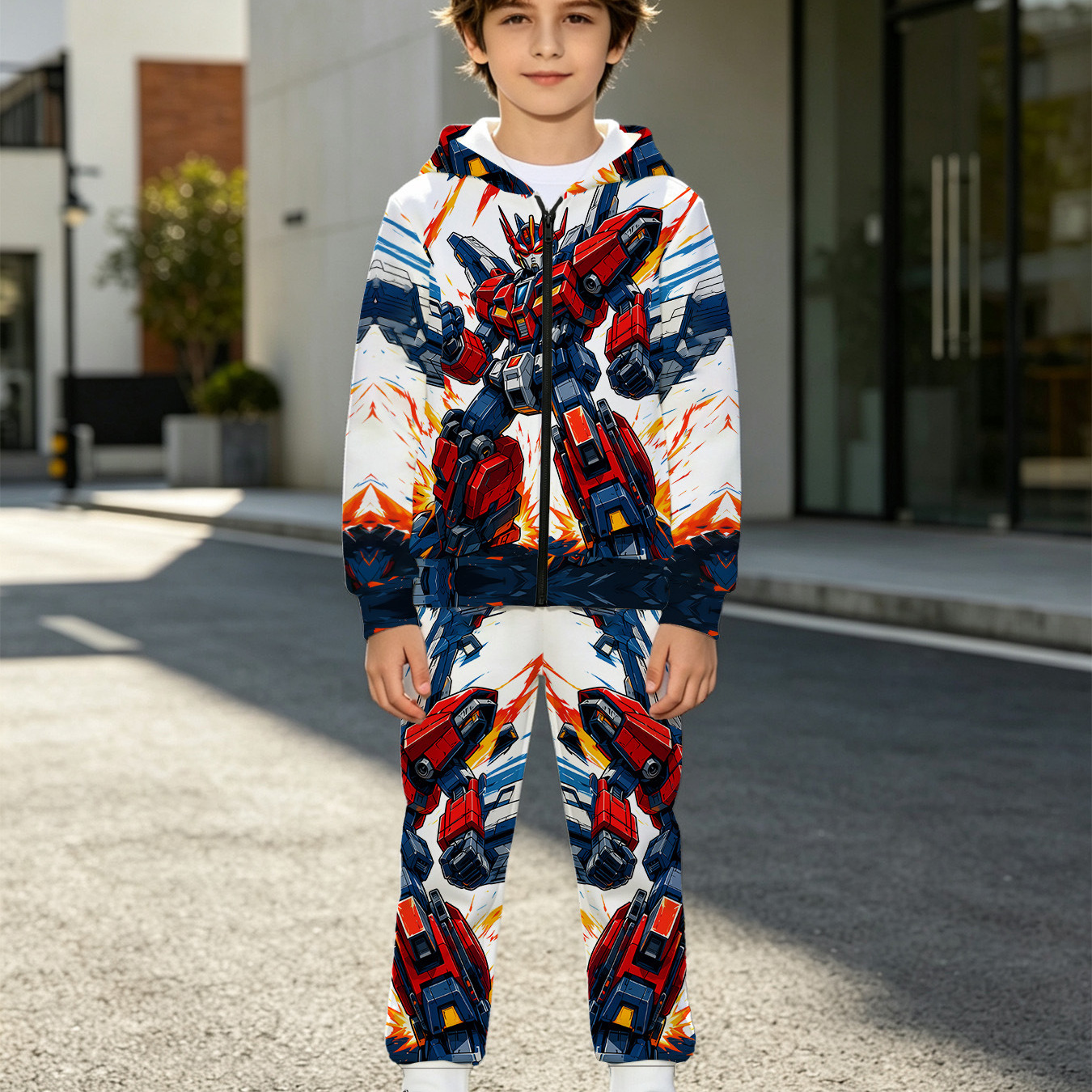 Red and white mecha flame print full-print zip-up hoodie set for boys and girls, stylish and casual two-piece set featuring a transforming robot.
