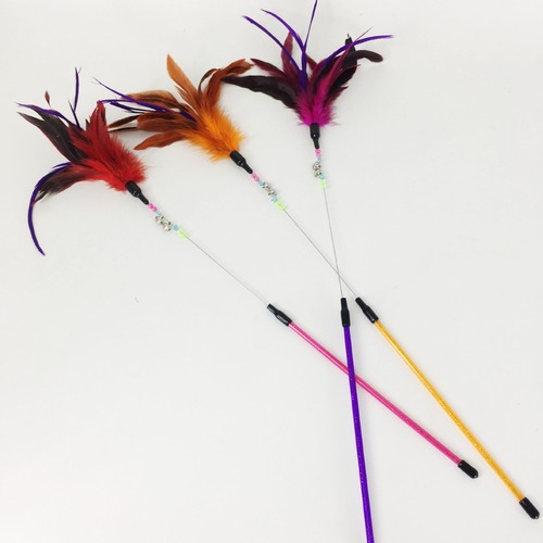Starlight Cat Toy Cat Wire Spring Cat Wiggler Wand Soft Turkey Feathers Colorful Feathers with Double Bells