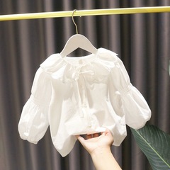 春秋女童裝襯衫寶寶洋氣兒童個性潮網紅韓版花邊娃娃泡泡袖白襯衣