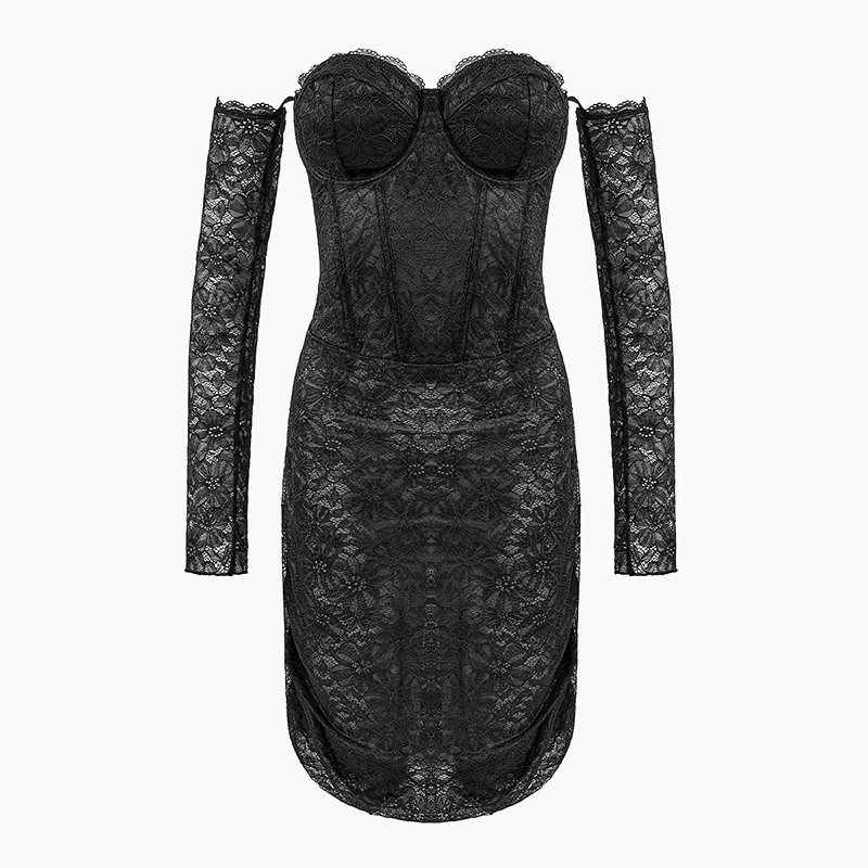 Европейское и американское сексуальное платье-футляр с кружевом, завышенной талией, открытым плечом, облегающего силуэта, с длинными рукавами для женщин