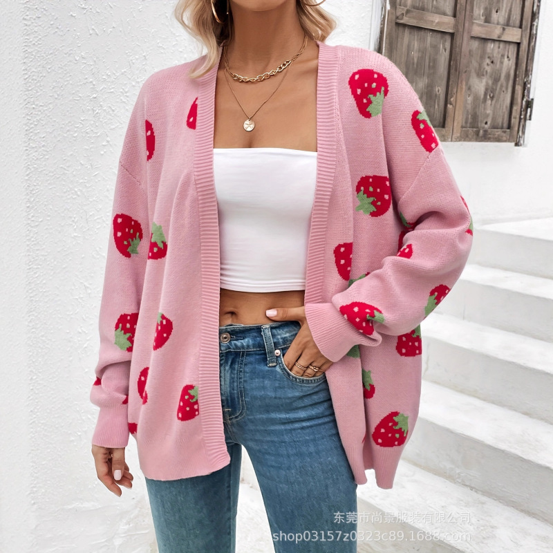 Cross-Border 2024Tk Amazon Temu Cross-Border Strawberry Jacquard Long-Sleeved Outer Cardigan Supply Source Sweater Cross-Border 2024Tk Amazon Temu Cross-Border Strawberry Jacquard Long-Sleeved Outer Cardigan Supply Source Sweater