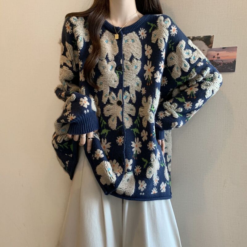 大码女装胖mm春秋新款2025开衫长袖花朵毛衣时尚宽松款毛衣针织衫|undefined