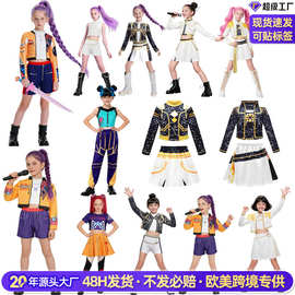 2025亚马逊新款黑金女孩猎魔女团服装流行歌手3D印花女孩童装套装