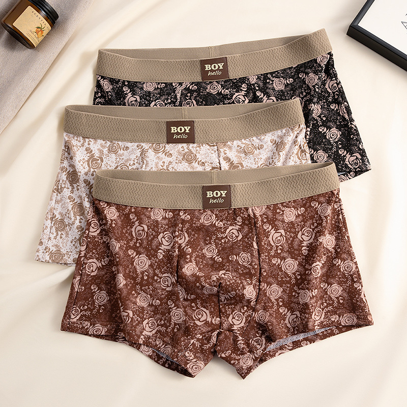 Classic Rose Print Men's Underwear Men's Pure Cotton Boxer Briefs Youth Trendyy Personalized Retro Shorts