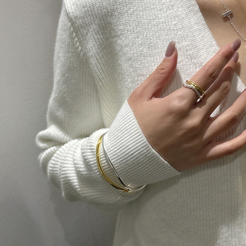 S925 silver Korean version niche design fashionable gold and silver contrast double-layer bracelet personality simple fashionable wave bracelet