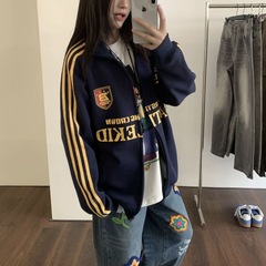 美式复古立领开衫卫衣男女ins校园街头运动情侣宽松休闲夹克外套