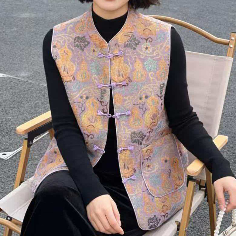 New Chinese-Style (with Pockets) National Style Vest for Women, New Fashion Retro Buckle Printed Sleeveless Jacket for Mothers, Spring and Autumn New Chinese-Style (with Pockets) National Style Vest for Women, New Fashion Retro Buckle Printed Sleeveless Jacket for Mothers, Spring and Autumn