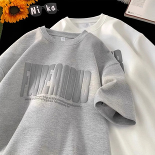 300g heavy foam printed short-sleeved T-shirt men's summer round neck half-sleeved loose trendy casual three-quarter sleeve top