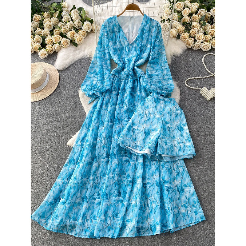 Women's French Style Chiffon Floral Print Dress Summer Korean Tie Waist Long Sleeve Slimming Maxi Dress Perfect With Leggings_ecoleips.com