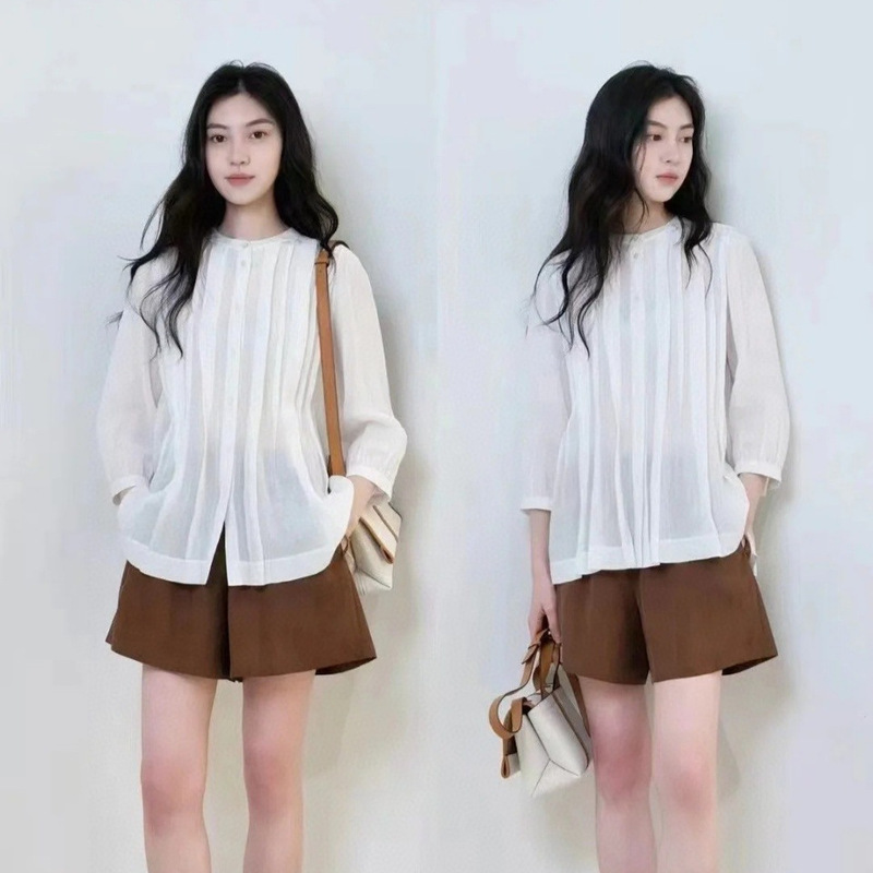 Xiaohe Women's Clothing Mall Same Style 2025 Summer New Ramie Plain Fabric Fancy Top Women's Shirt