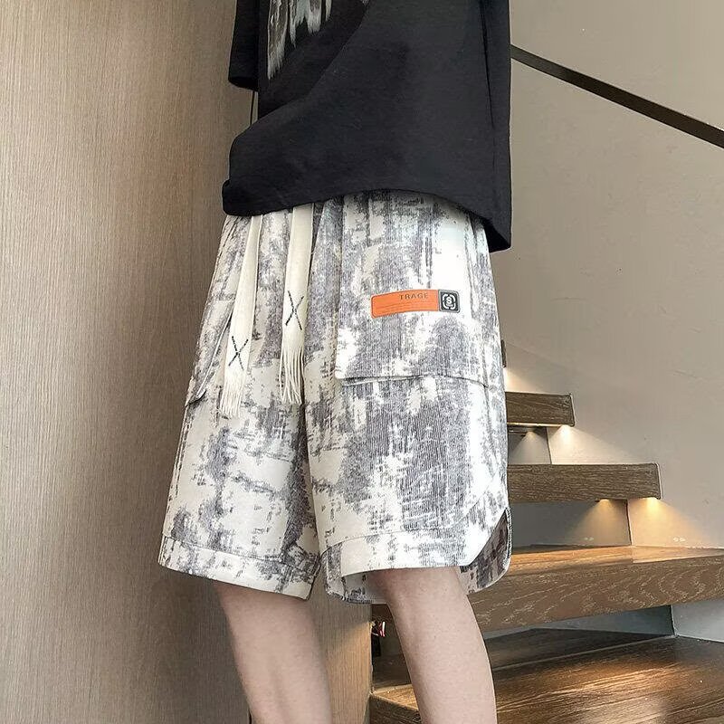 American Summer Men's Large Size Tie-Dye Shorts Loose Cargo Pants Drawstring Elastic Waist Beach Pants Niche Five-Point Pants